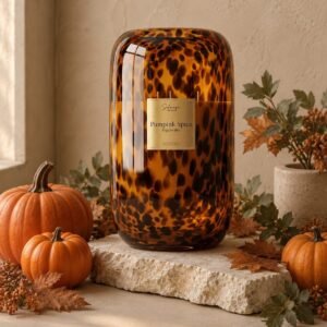 Vela de nicho Pumpkin Spice 4500 g de Solange Big Candles en frasco carey, rodeada de calabazas y hojas de otoño